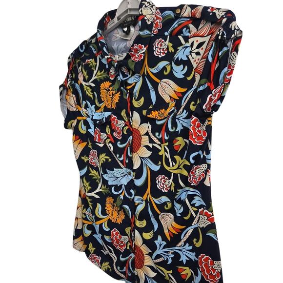 BCBGMAXAZRIA Blouse M Navy Blue Multicolor Floral Print Short Sleeve Top - Picture 5 of 9